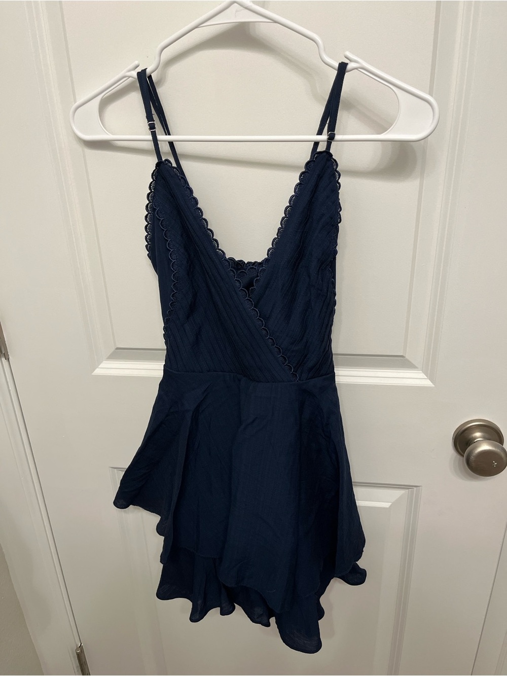 Francesca's Navy Scalloped Trim Spaghetti Strap Romper